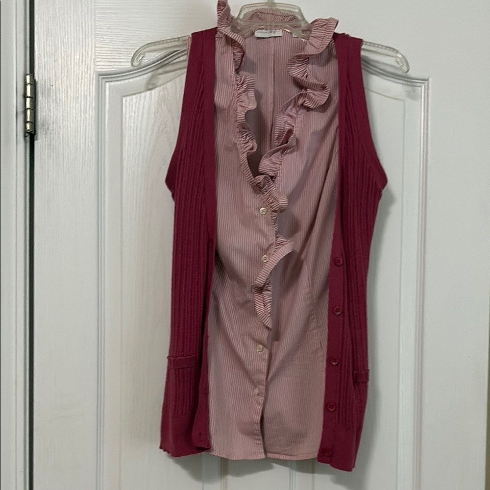 New York & Company Red Cream Ruffled Sleeveless Blouse